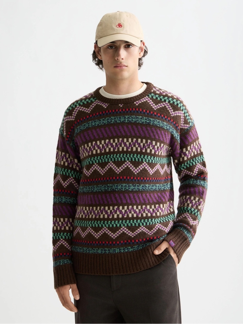 Scotch & Soda Fair Isle Jacquard Crewneck Sweater Brown Multi Mohair Blend L NWT